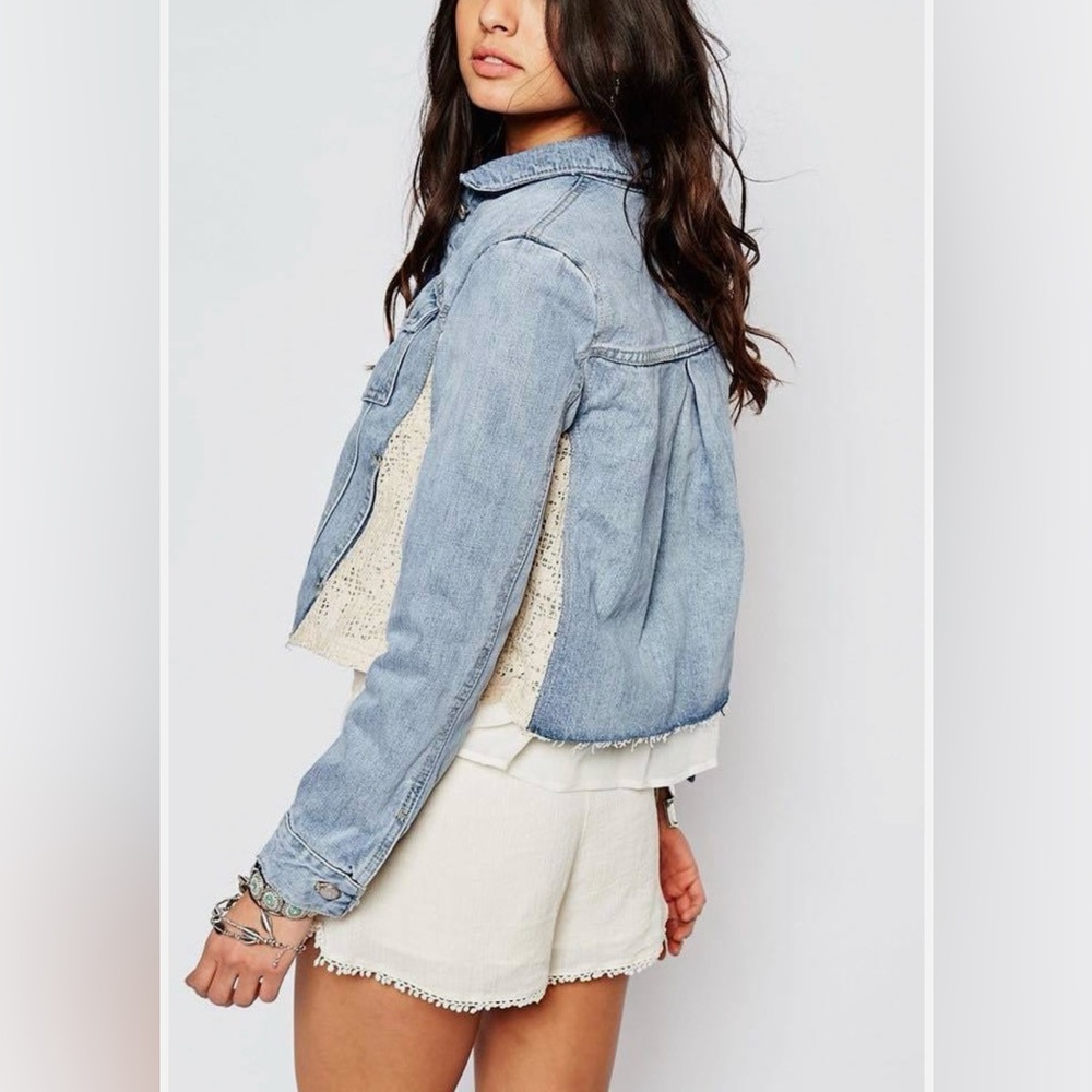Free People Ivory Lace Panel Cropped Denim Jacket, Size Medium- Boho Chic - Picture 3 of 10